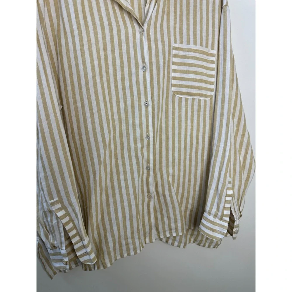 J Jill Love Linen Tan White Striped Button Up Pocket Shirt XL Lagonlook Coastal - Picture 5 of 12